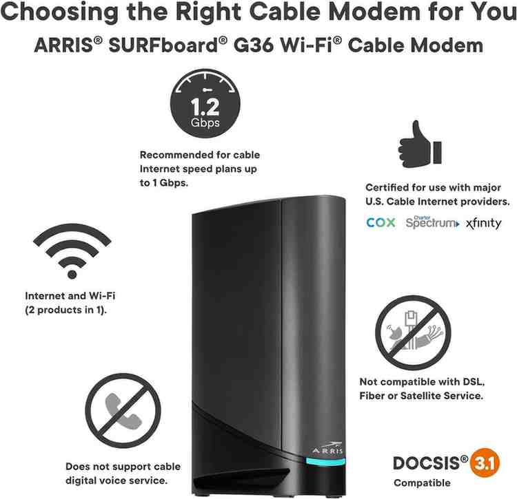 "ARRIS G36 DOCSIS 3.1 Modem & AX3000 Wi-Fi Router | Xfinity, Cox, Spectrum | 2.5 Gbps Ports | 1.2 Gbps Max Speed"