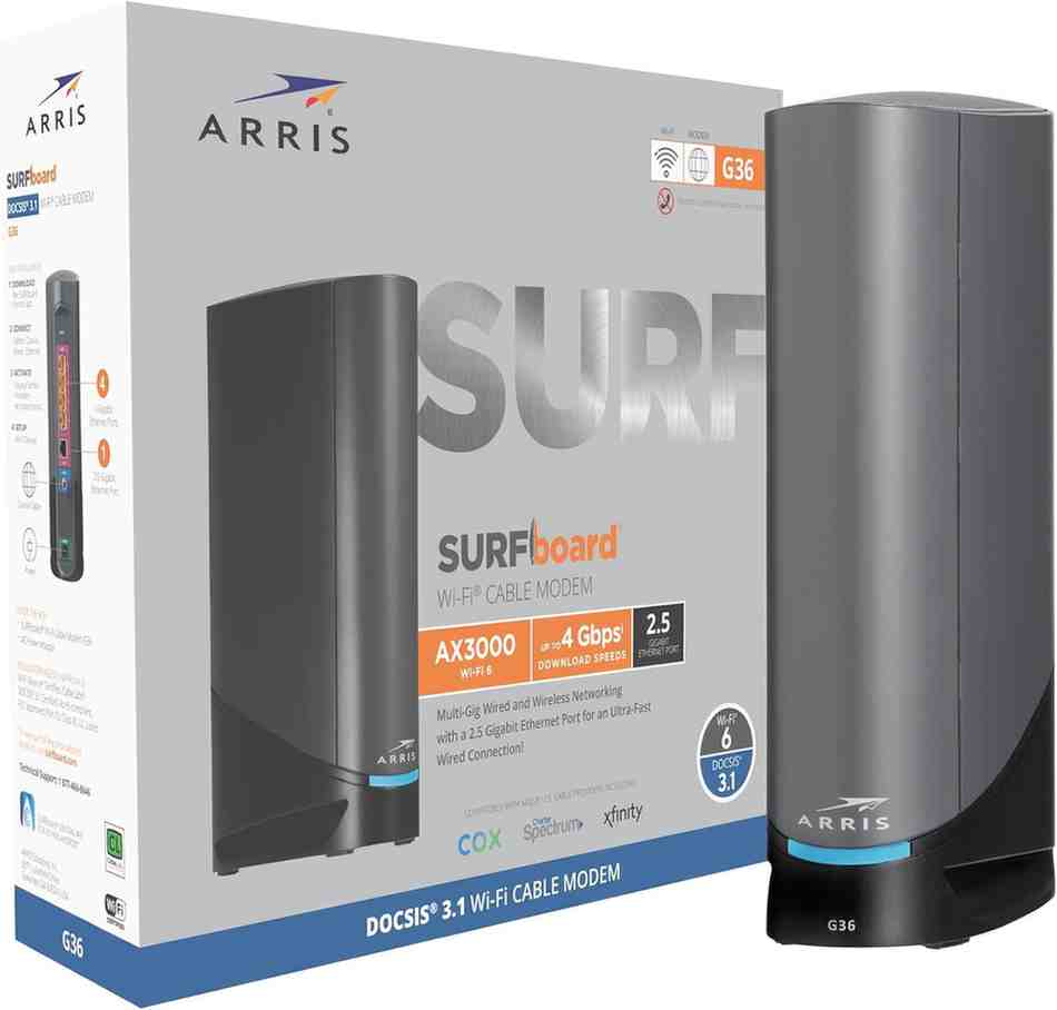 "ARRIS G36 DOCSIS 3.1 Modem & AX3000 Wi-Fi Router | Xfinity, Cox, Spectrum | 2.5 Gbps Ports | 1.2 Gbps Max Speed"