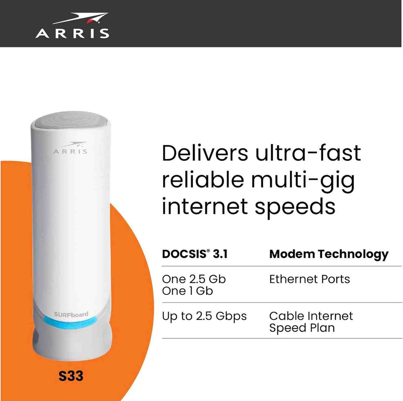 "ARRIS S33 DOCSIS 3.1 Cable Modem | 2.5 Gbps Speeds | Xfinity, Cox, Spectrum Approved | 2-Year Warranty"