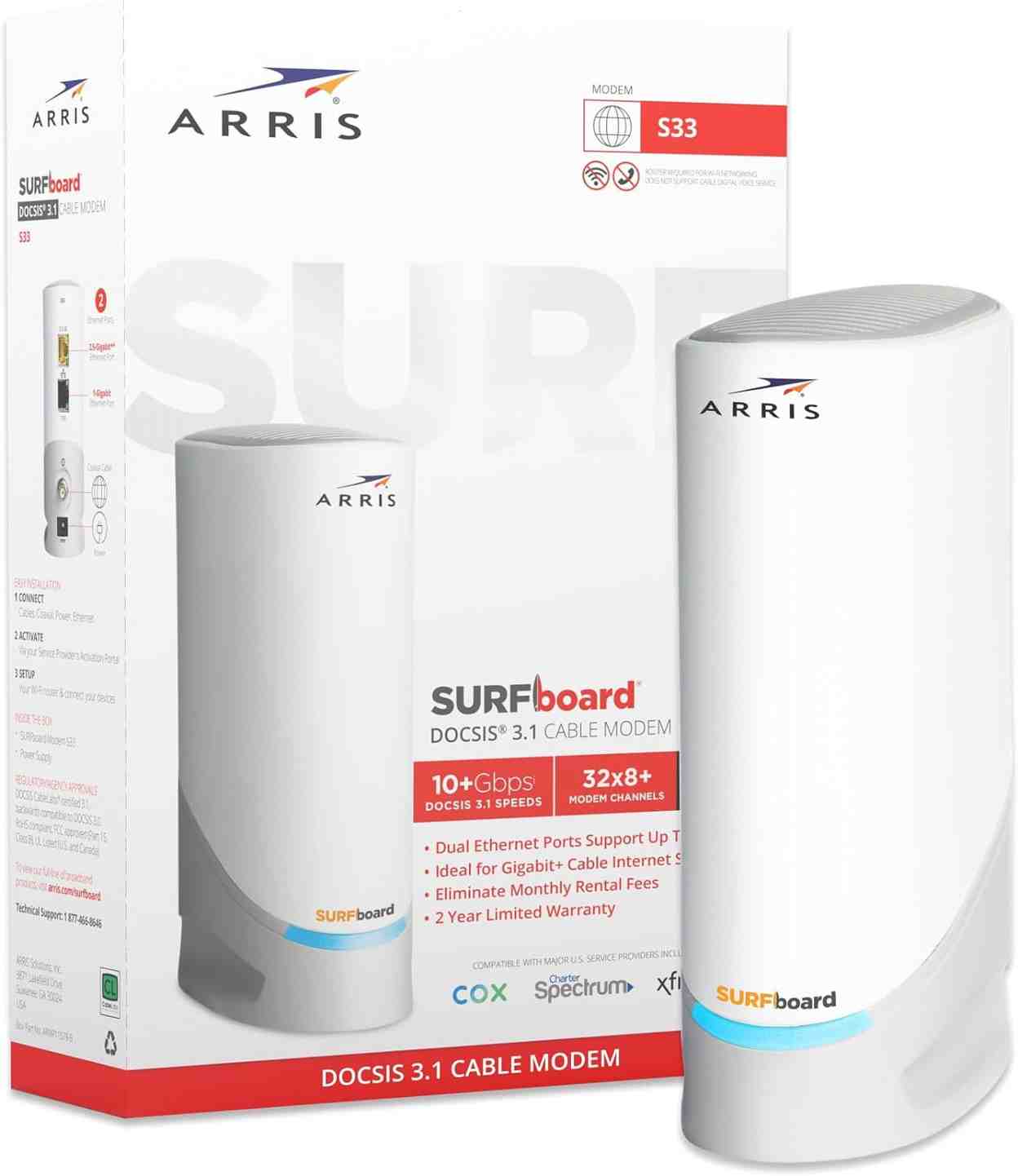 "ARRIS S33 DOCSIS 3.1 Cable Modem | 2.5 Gbps Speeds | Xfinity, Cox, Spectrum Approved | 2-Year Warranty"